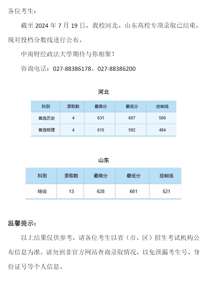 中南财经政法大学2024年本科招生录取分数线（河北、山东高校专项）
